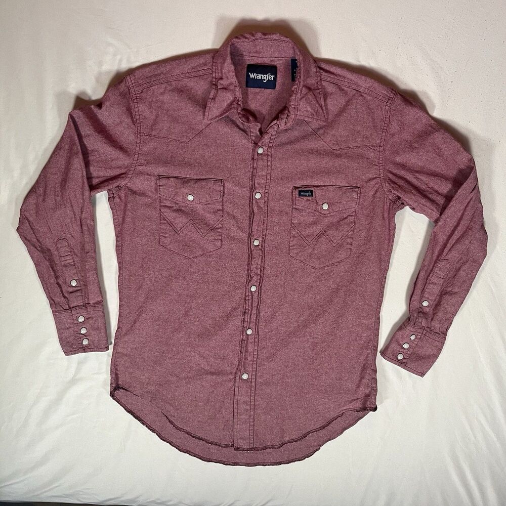 VTG Wrangler Shirt Mens Medium M Red Pearl Snap Shacket Brush Cowboy Rodeo